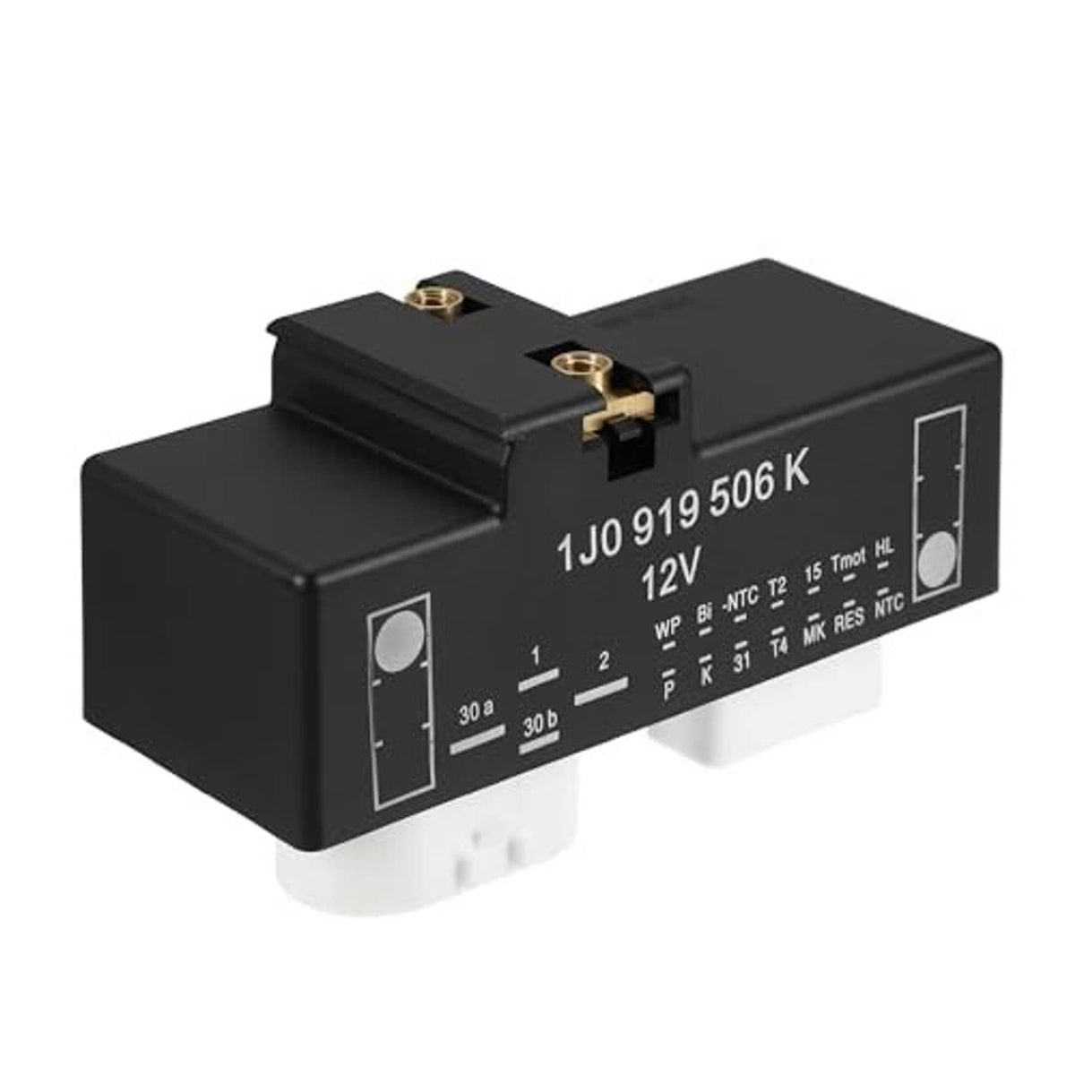 Black radiator fan control relay module, side view with OE label and top terminals