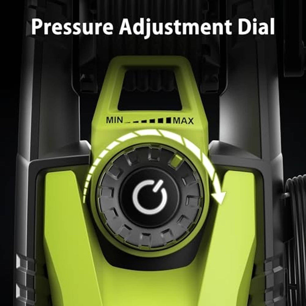 Pressure adjustment dial on lime green pressure washer with MIN to MAX markings