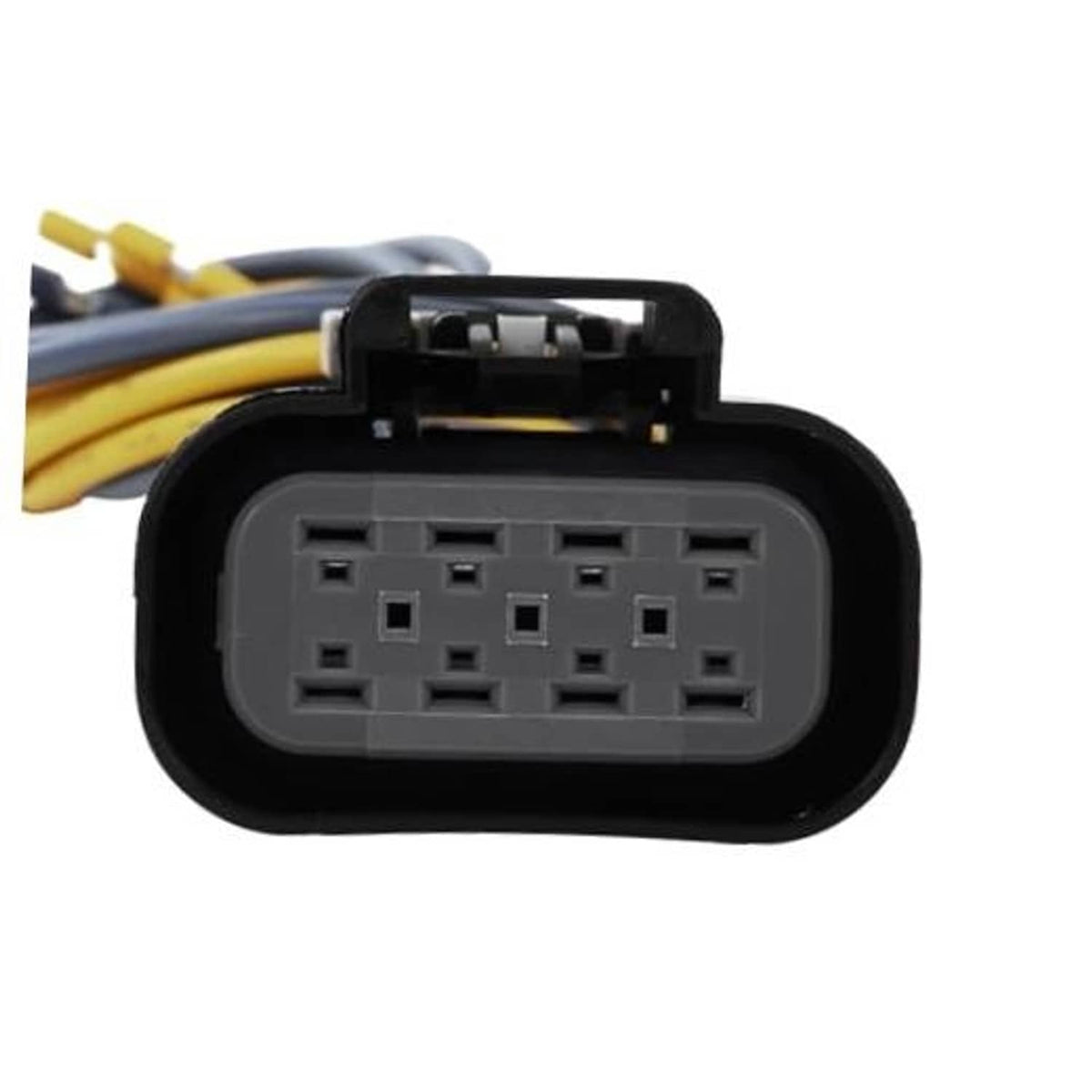 8-pin headlight connector plug with black housing and grey socket, yellow and blue wires