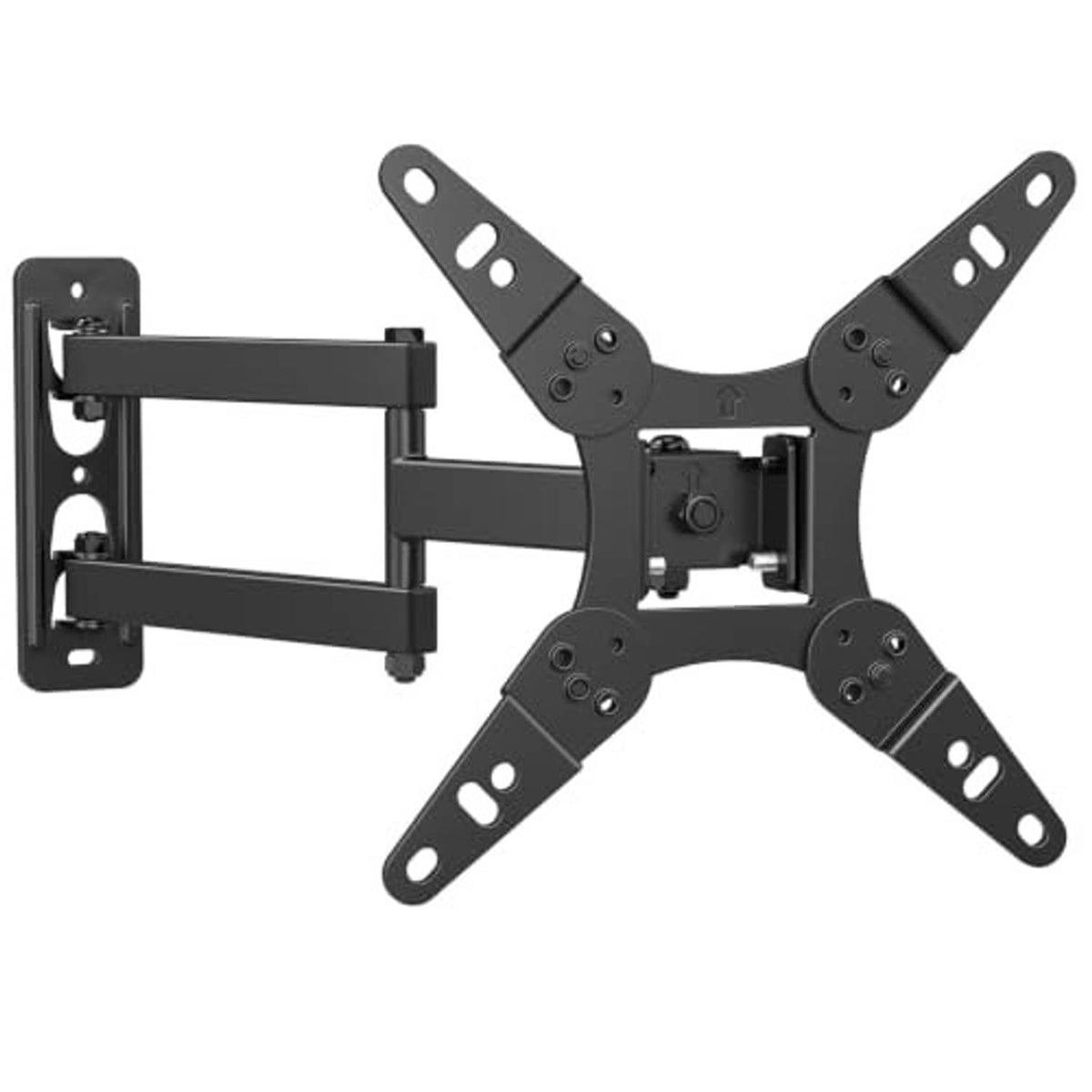 Black full-motion TV wall mount with double arms and VESA mounting plate
