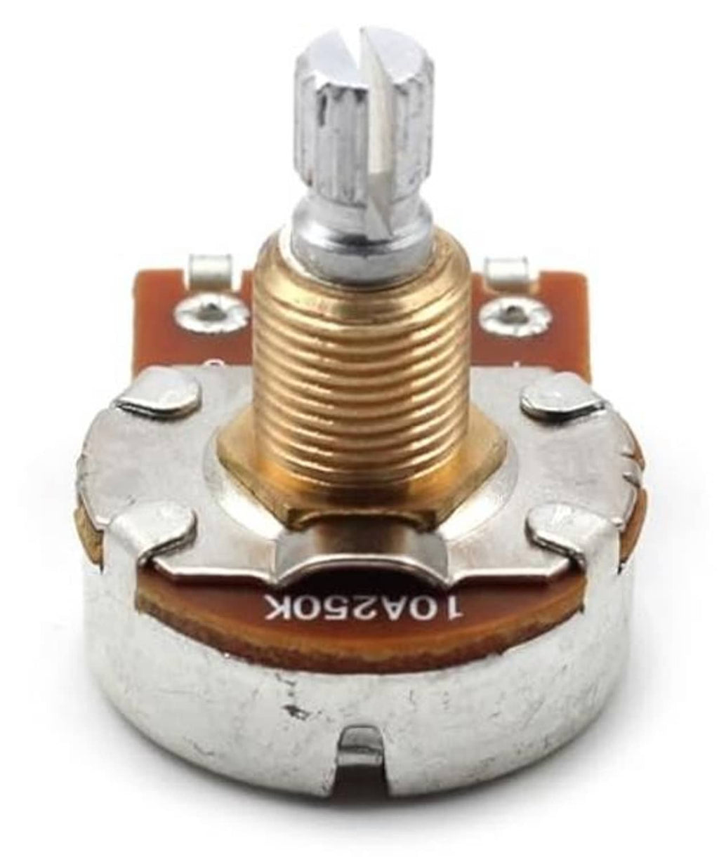 Potentiometer underside view with short split shaft, threaded bushing, and printed part marking.