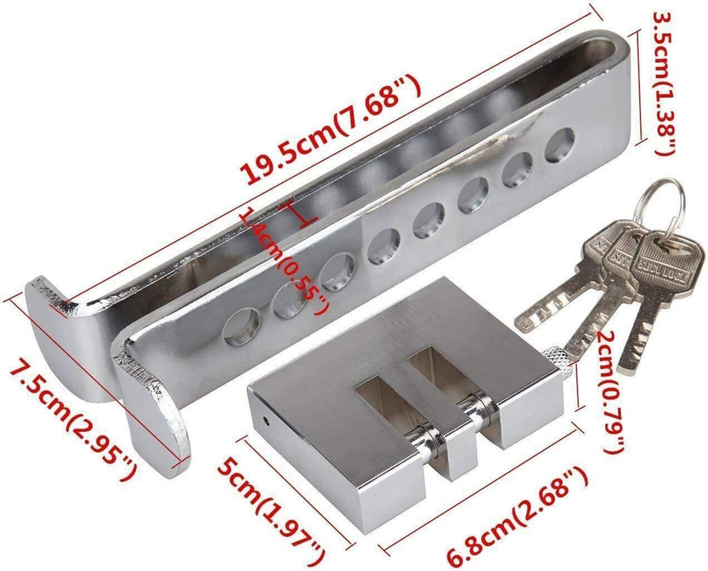 Silver metal pedal anti-theft lock with key set and size diagram