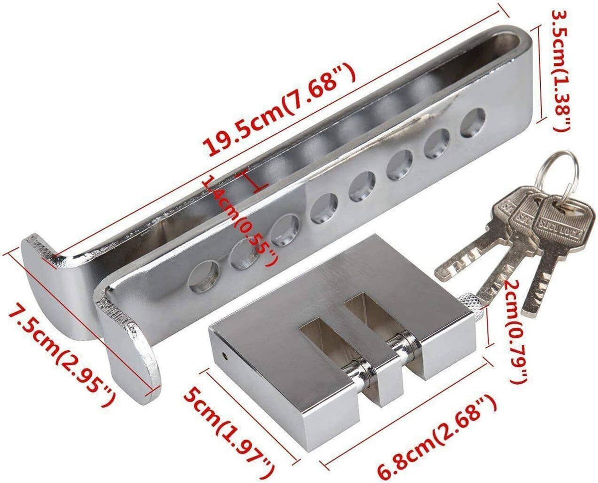 Silver metal pedal anti-theft lock with key set and size diagram