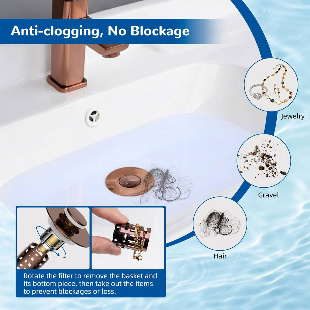 Rose gold pop-up sink strainer with filter basket for hair and debris