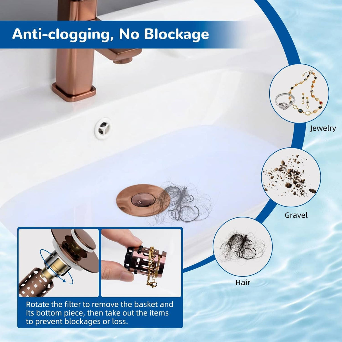 Rose gold pop-up sink strainer with filter basket for hair and debris