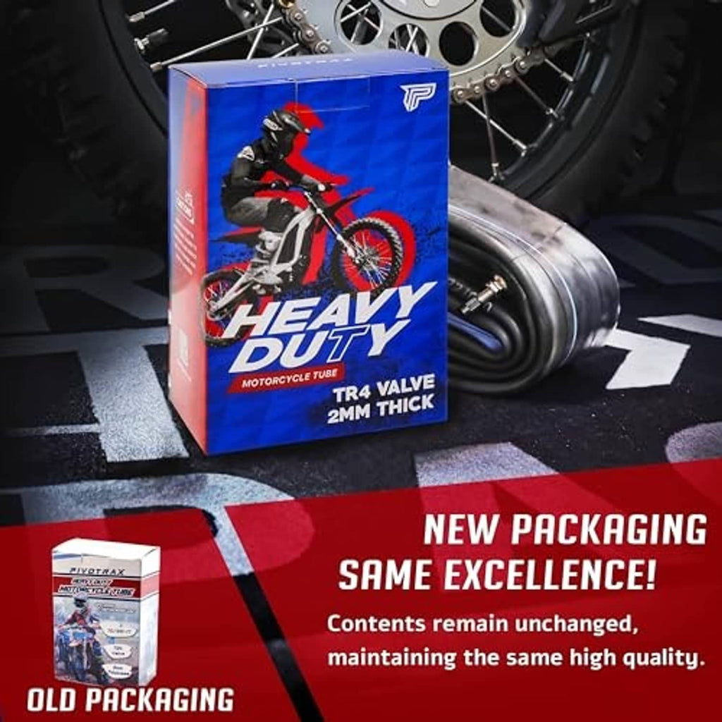 Heavy-duty motorcycle inner tube with TR4 valve; box packaging shown on the floor.