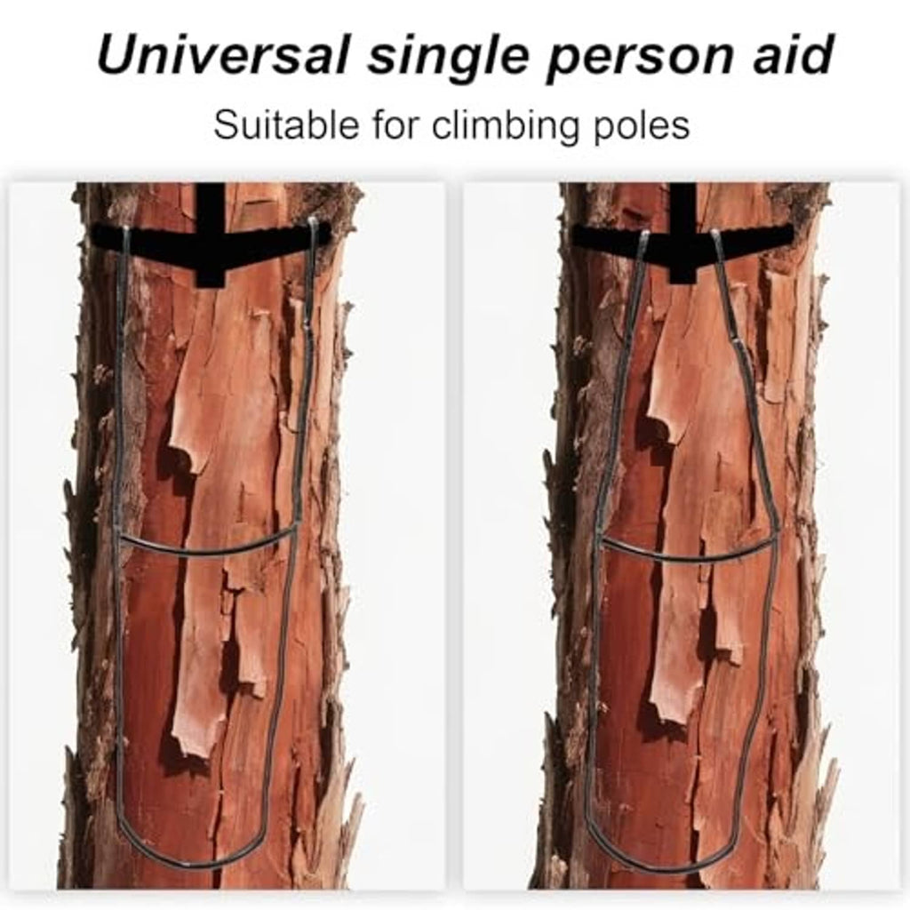 Two views of climbing stick aider on a tree trunk with black step loop