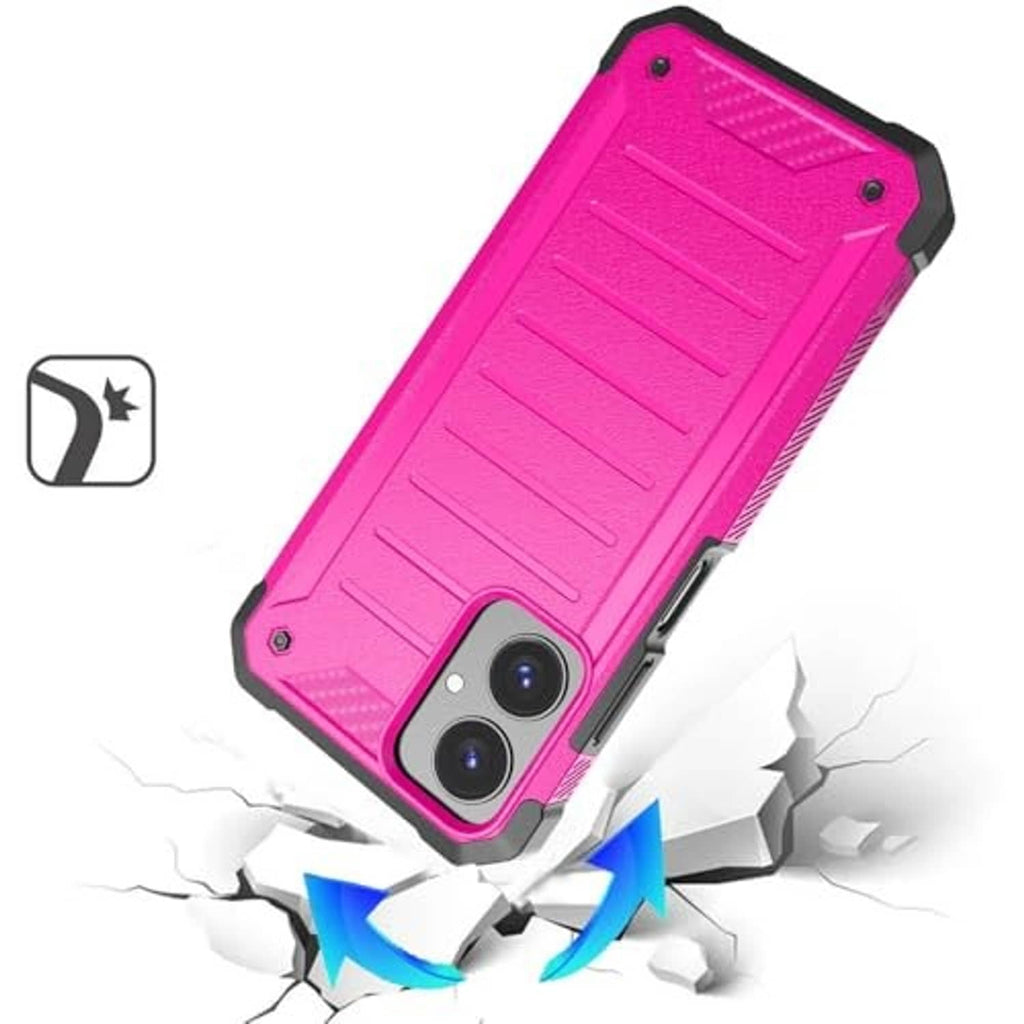 Pink rugged phone case angled view with textured grip and dual camera cutouts