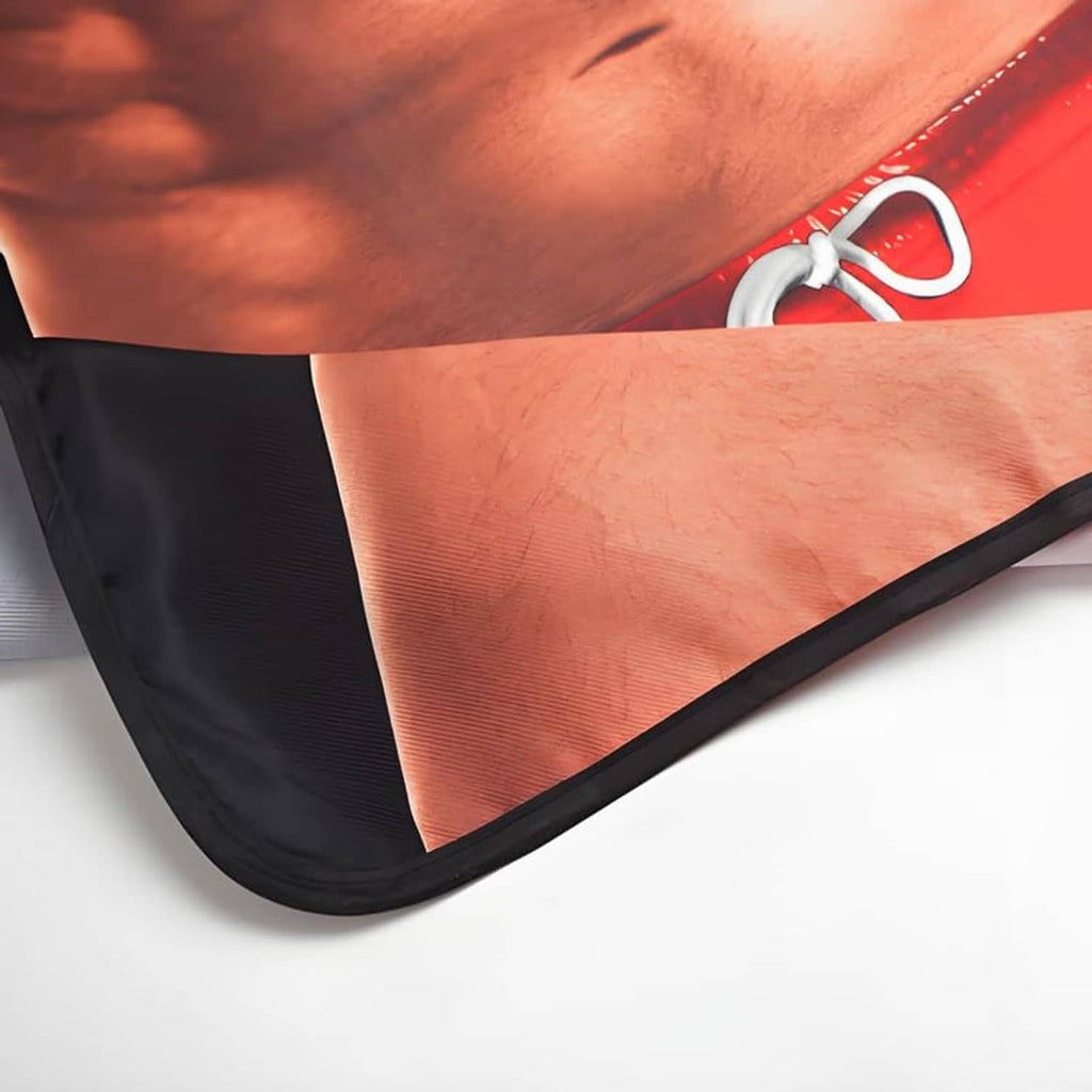 Novelty apron lower hem with black edging and red shorts graphic, white tie detail