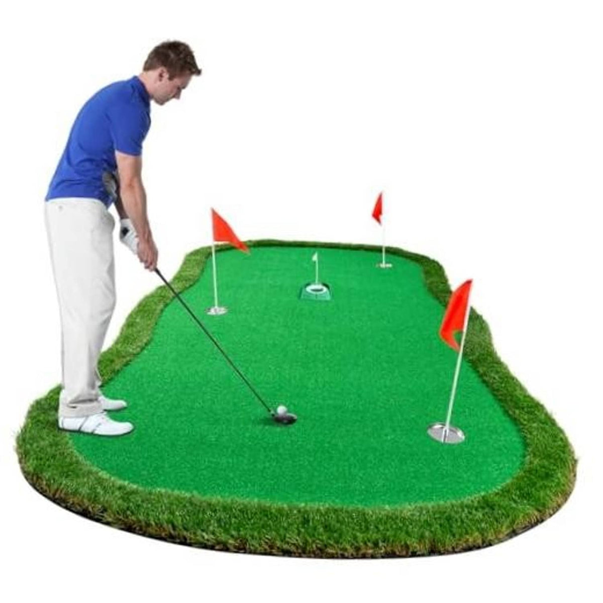 Green artificial golf putting green mat with multiple cup flags and a golf ball