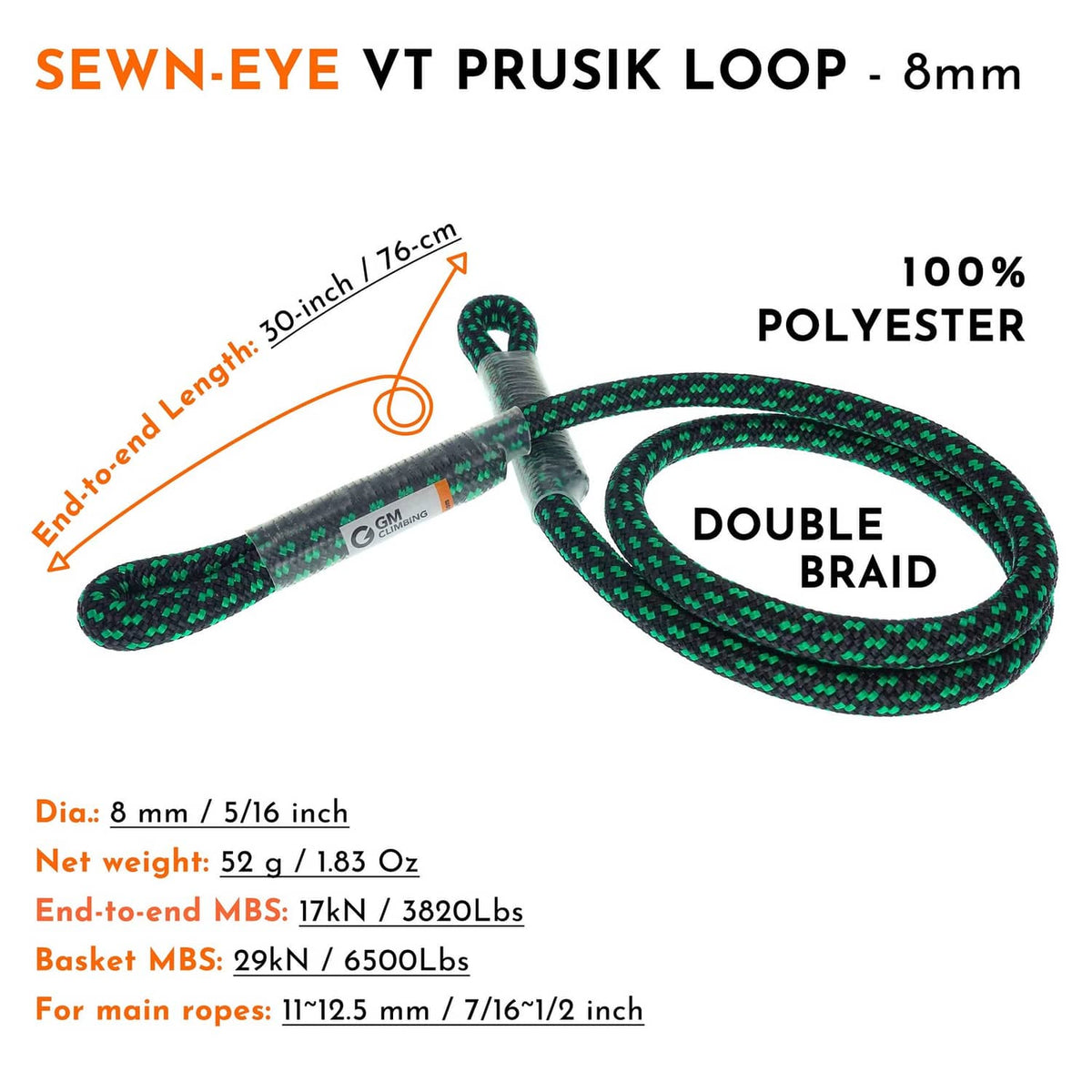 Green sewn-eye prusik loop with double braid and polyester climbing cord