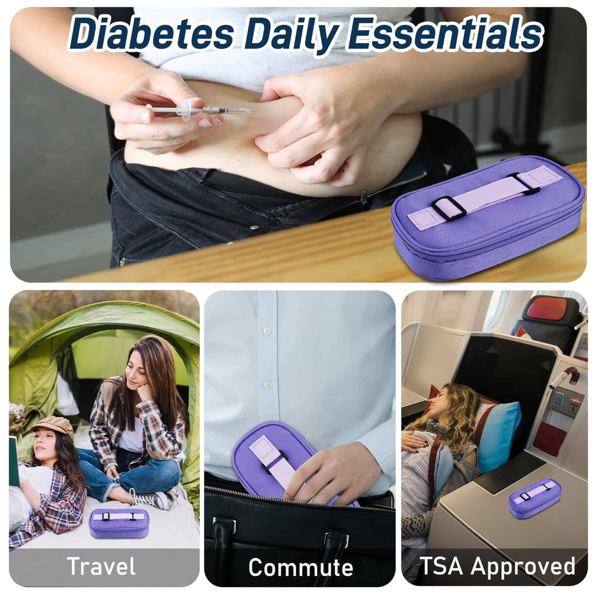 Purple insulin vial cooler travel case with top handles and straps on tabletop