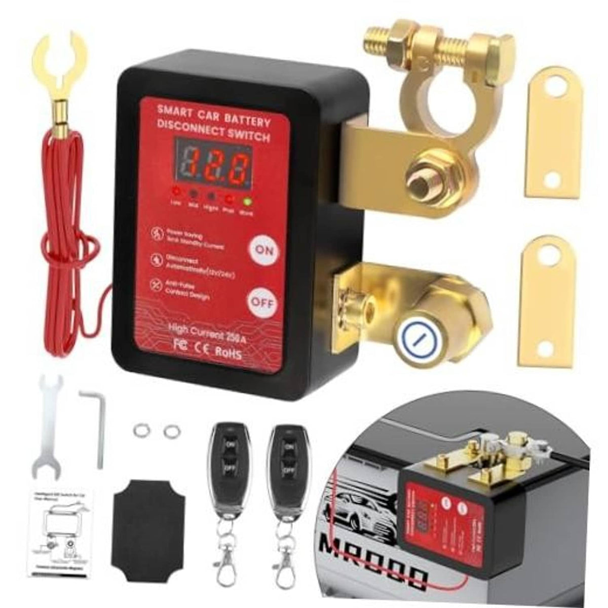 Remote car battery disconnect switch with red cable, gold terminals, voltage display, and key fob.