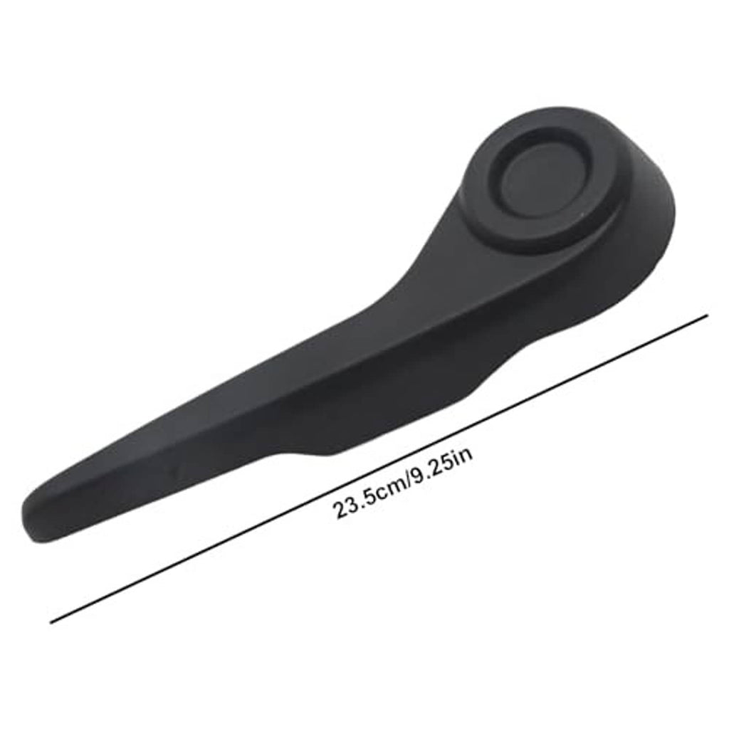 Black seat recliner handle lever with circular button and long ergonomic arm.