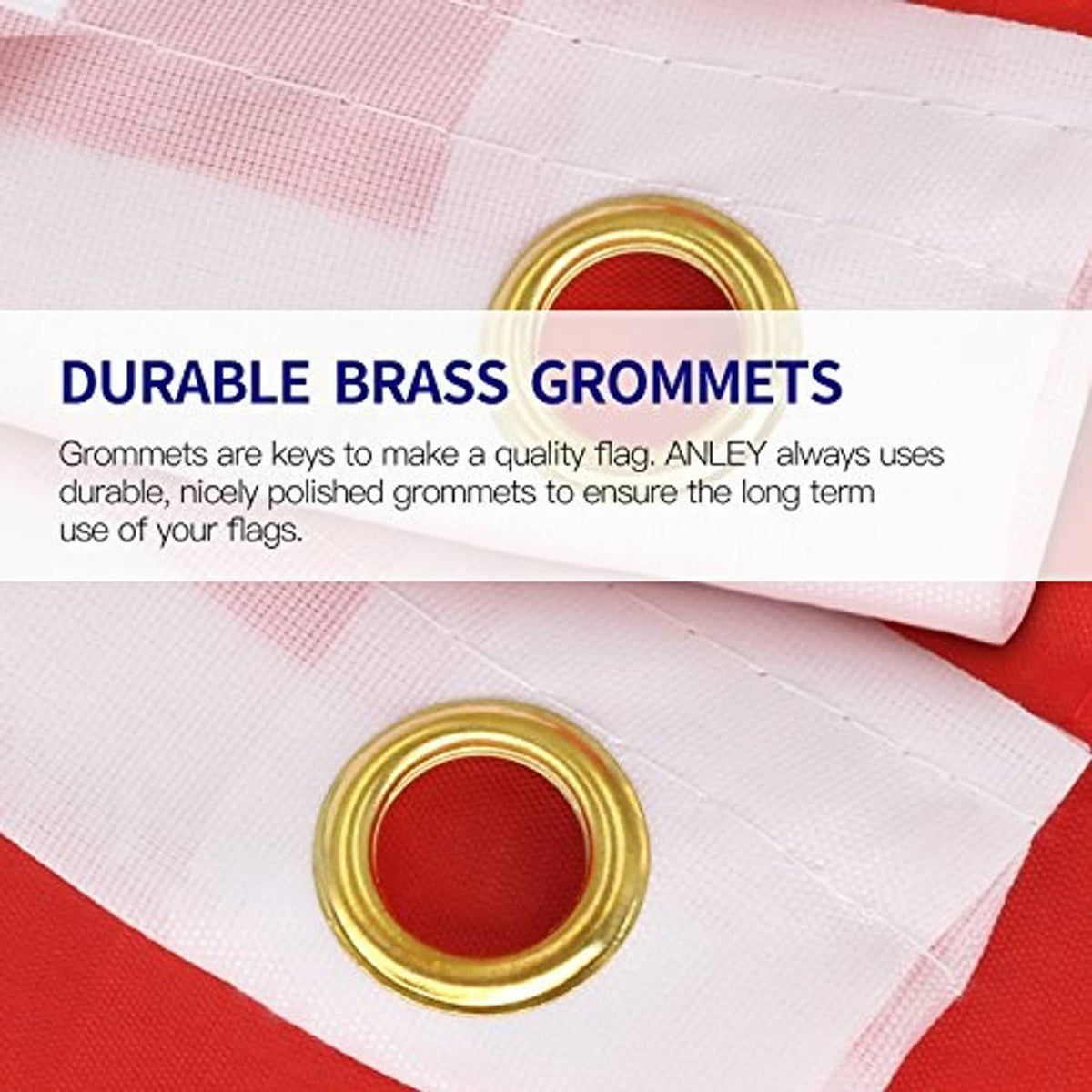 Close-up of gold brass grommet on white canvas header for a POW/MIA flag