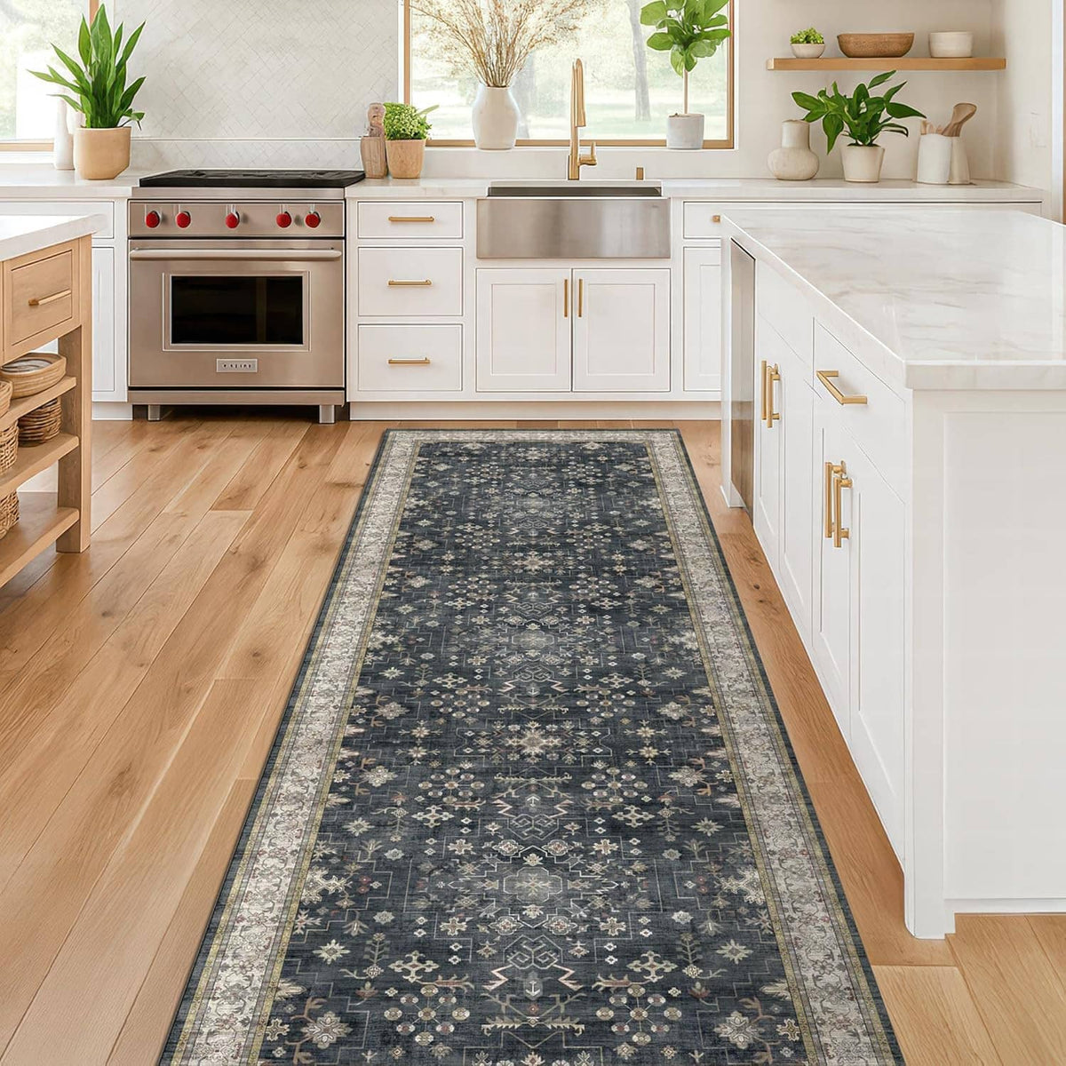 Dark boho runner rug with light border and dense central medallion pattern