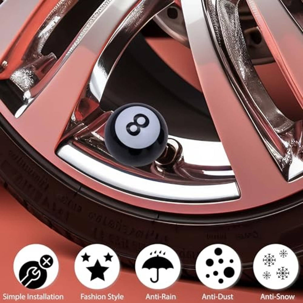 Black 8-ball tire valve stem cap with white 8 icon installed on wheel