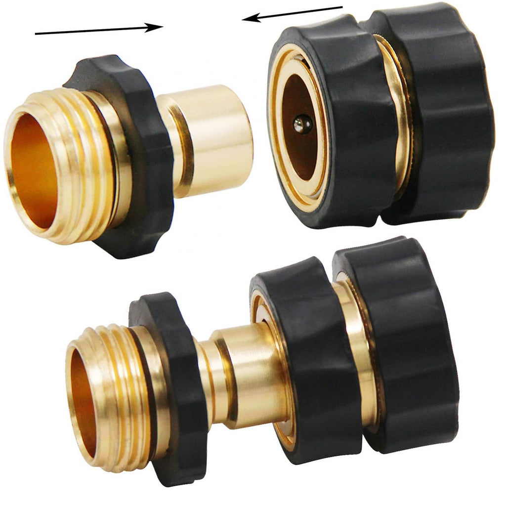 Garden hose connector set, black plastic with brass threaded ports, angled view