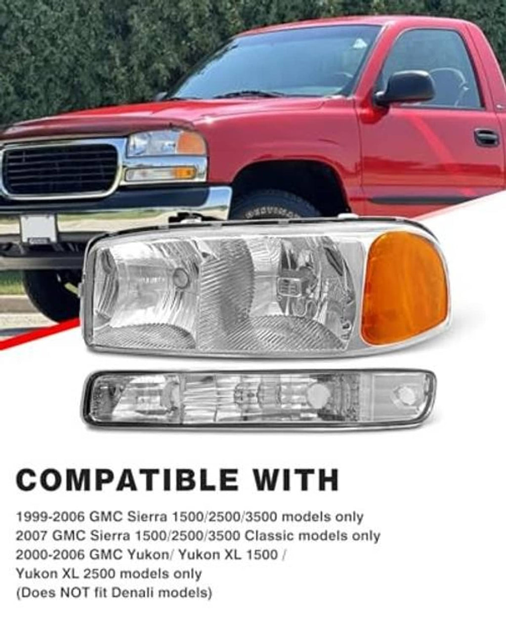 Chrome front headlight assembly with clear lens and amber turn-signal side marker