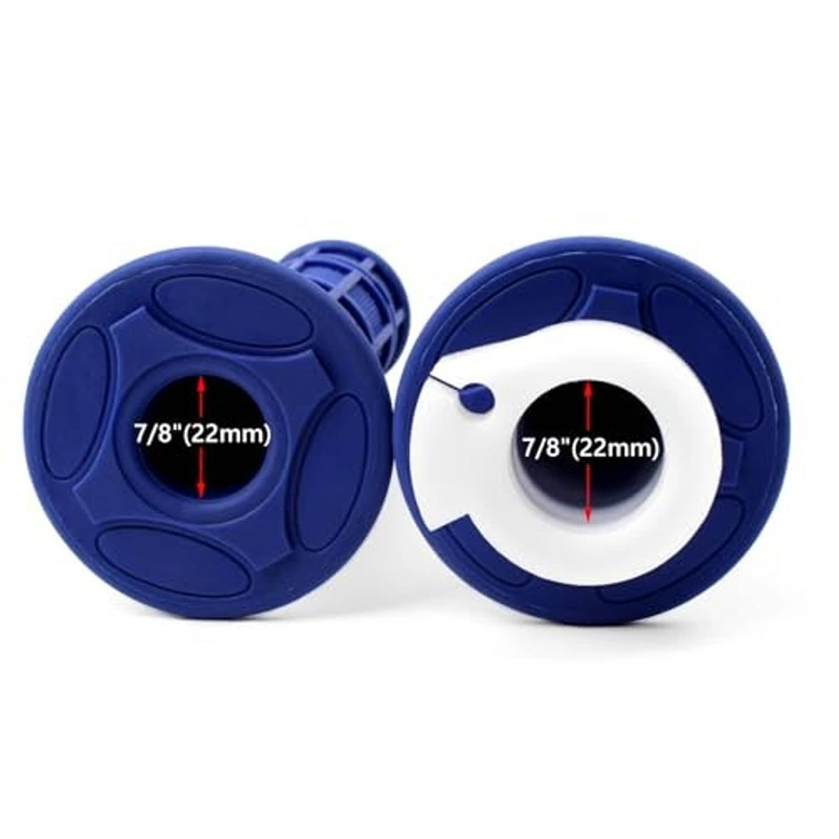 Pair of blue 7/8 (22 mm) throttle grip housings with white inner sleeve, front view