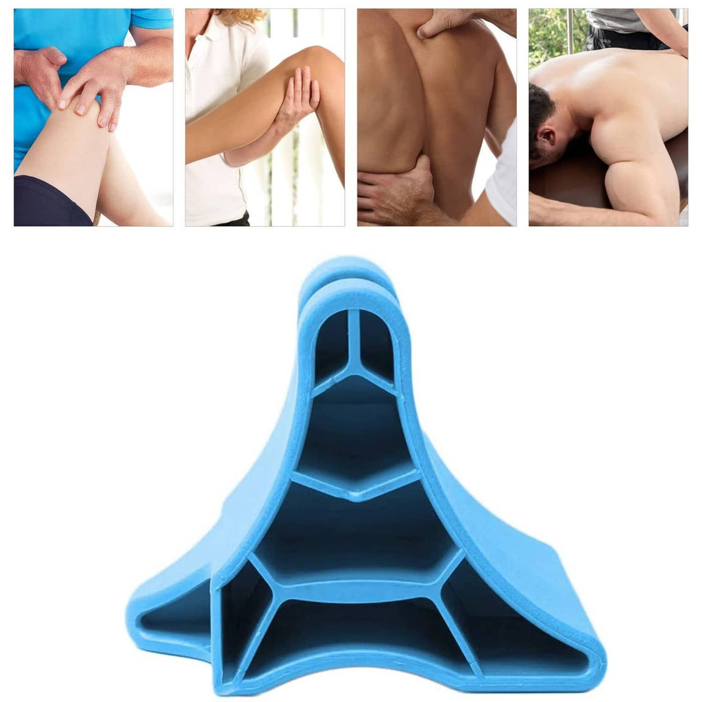 Blue contoured cervical traction tool with open cradle and three support points.