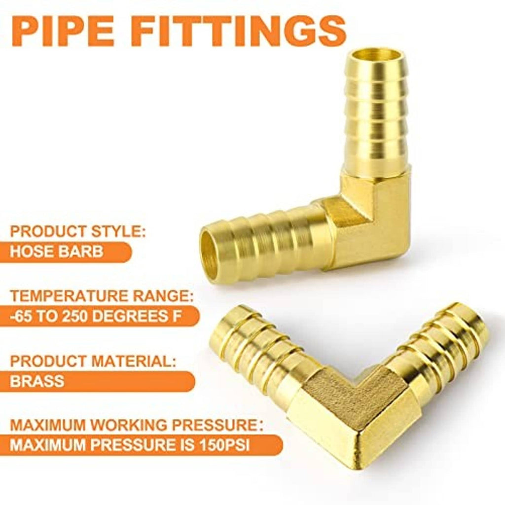 Brass hose barb elbow with barbed ends for 90-degree hose connections