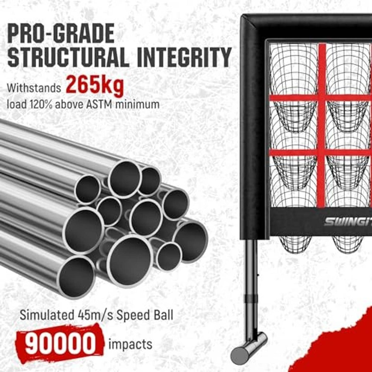 Black pitching net frame with red grid and bundled metal support tubes