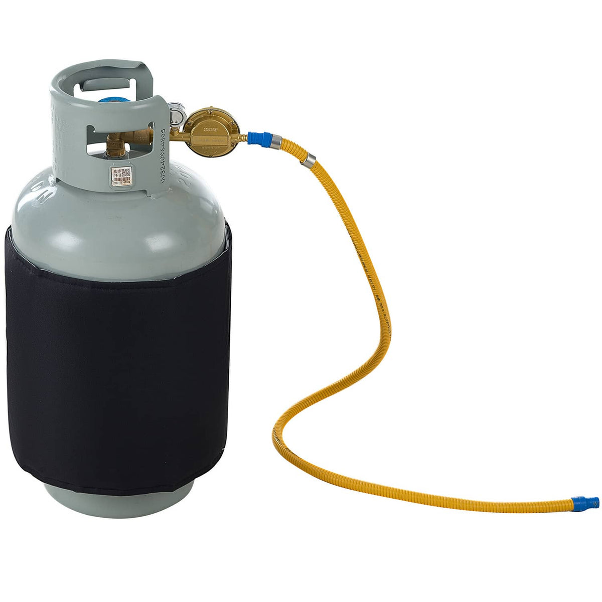 Insulated gas cylinder warmer with black insulation wrap and yellow power hose