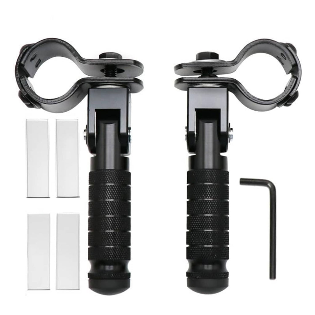 Black foldable motorcycle foot rests set with textured grips and L-shaped mounting brackets