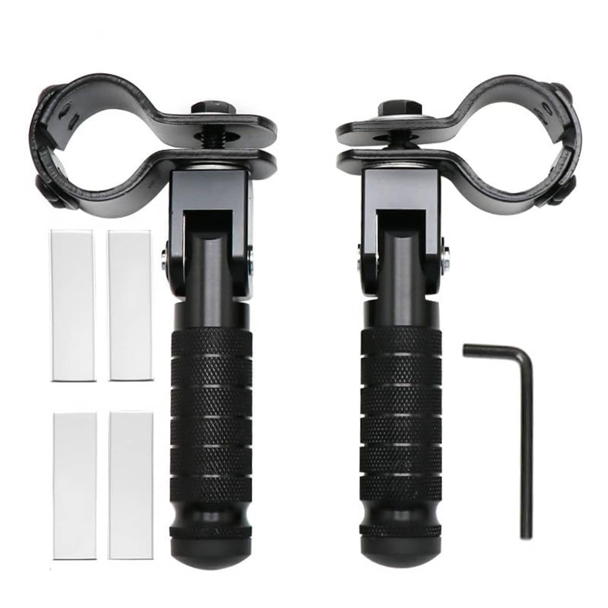 Black foldable motorcycle foot rests set with textured grips and L-shaped mounting brackets