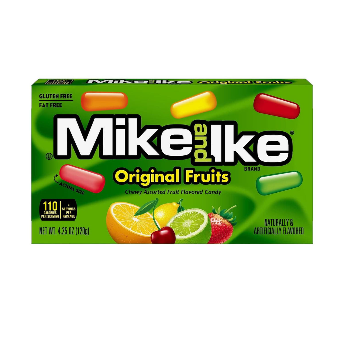 Mike and Ike Original Fruits candy box with assorted fruit flavored chewy candy pieces