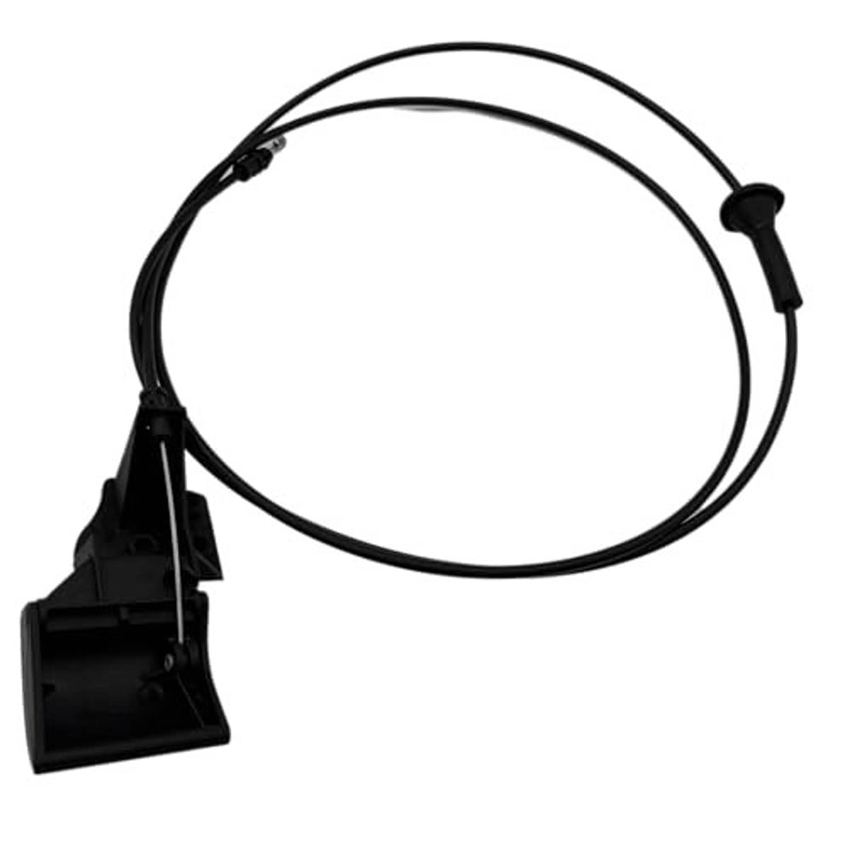 Black hood release cable with handle and latch bracket, long curved cable