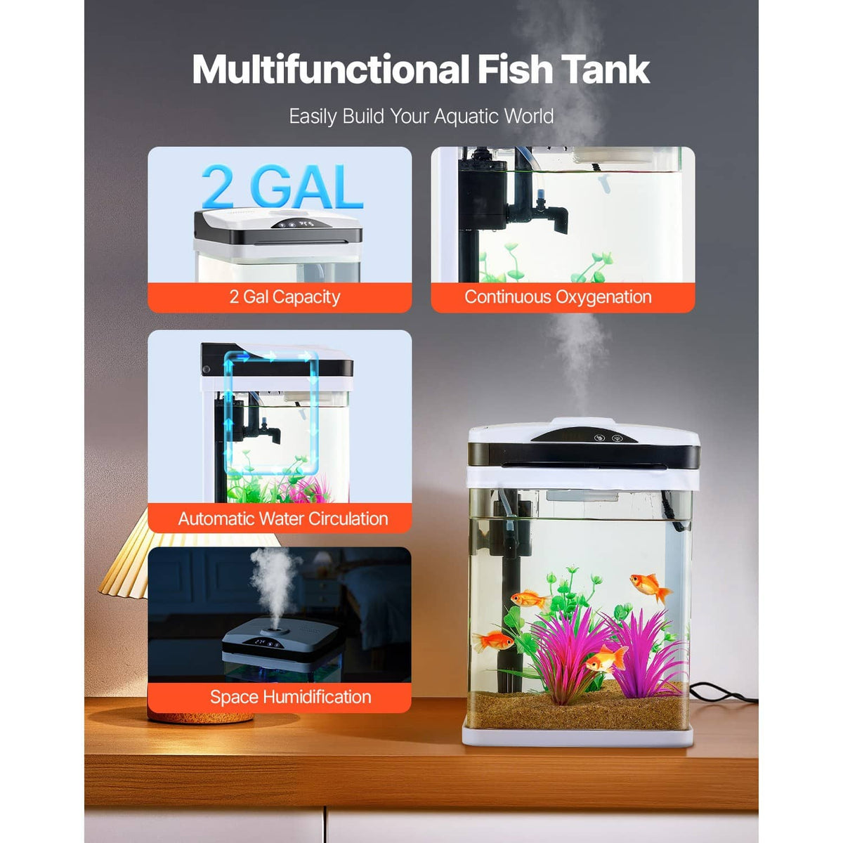 Square clear glass LED aquarium with built-in pump and filter system shown