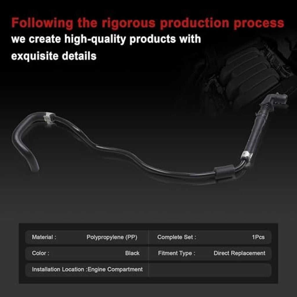 Black ventilation hose pipe with curved routing and angled metal attachment end