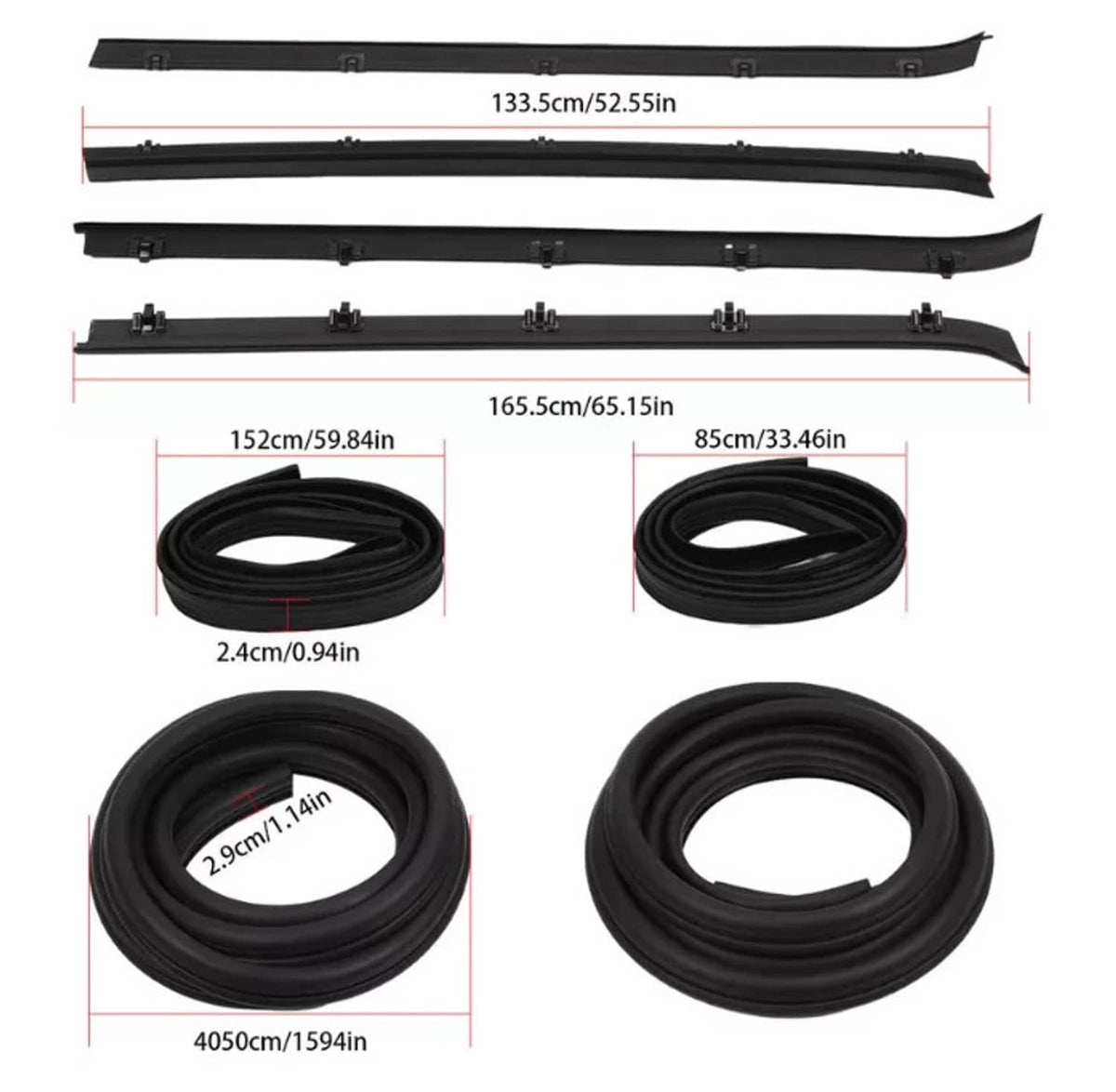 Black rubber window sweep seal strips and coiled weatherstrips with mounting clips