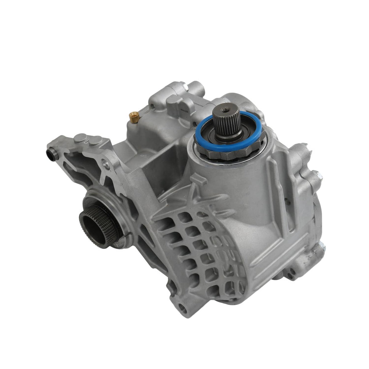Transfer case gearbox housing with blue-capped input shaft and threaded ports