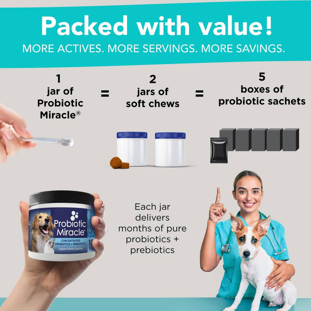 Pet probiotic jar in hand with label text about value, servings, and servings per jar