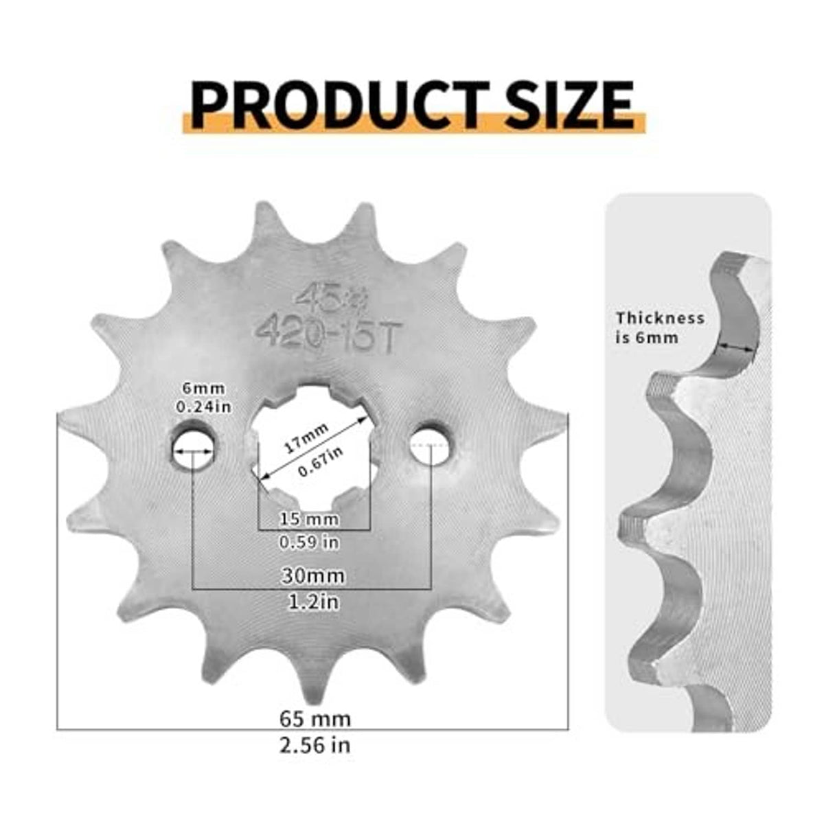 420-15T front sprocket size diagram with thickness and mounting hole measurements