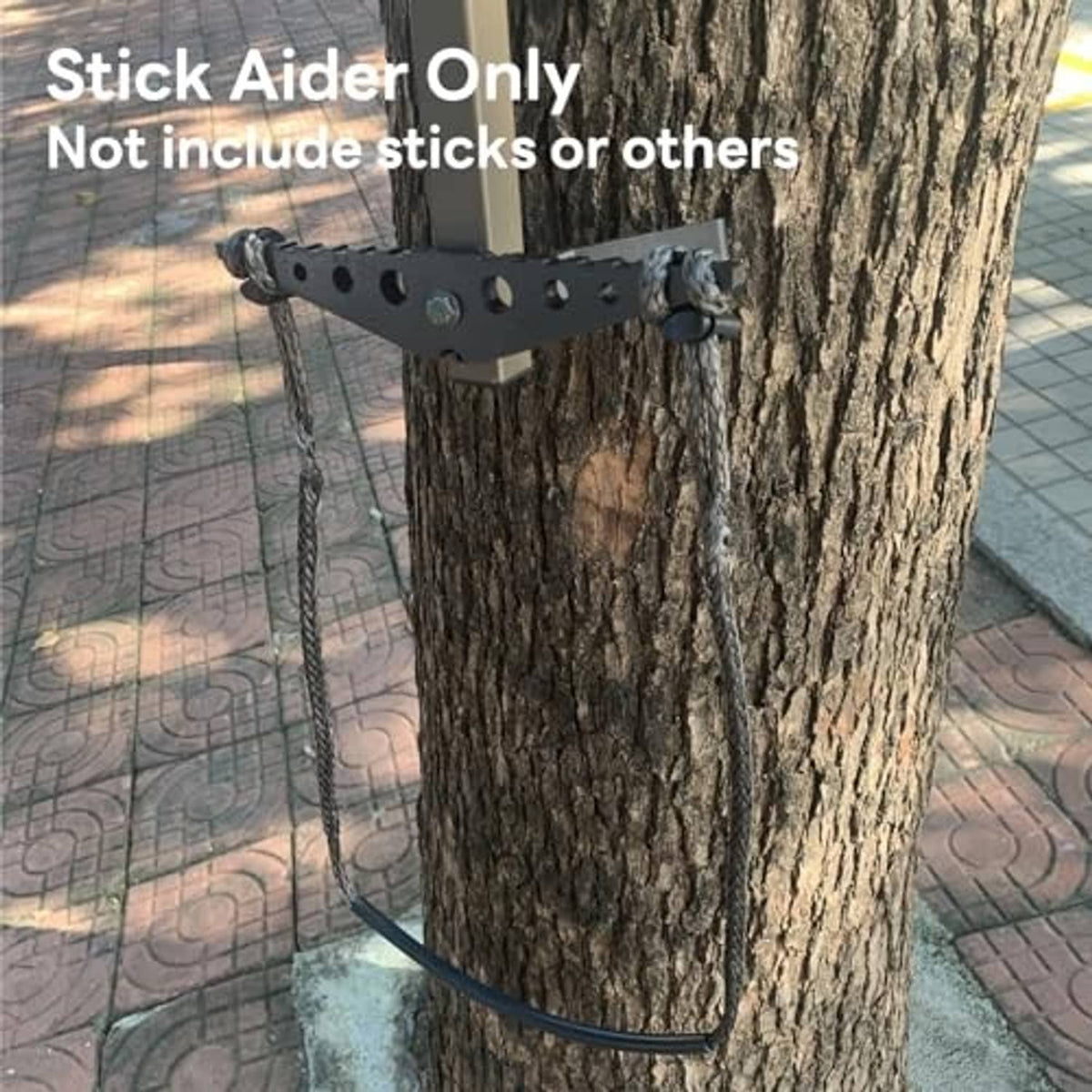 Climbing stick aider only with metal mounting plate, two hanging ropes, and step strap
