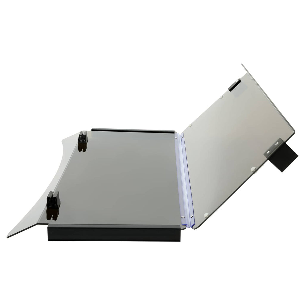 Fold-down windshield open position with white panel and black base supports, EZGO TXT
