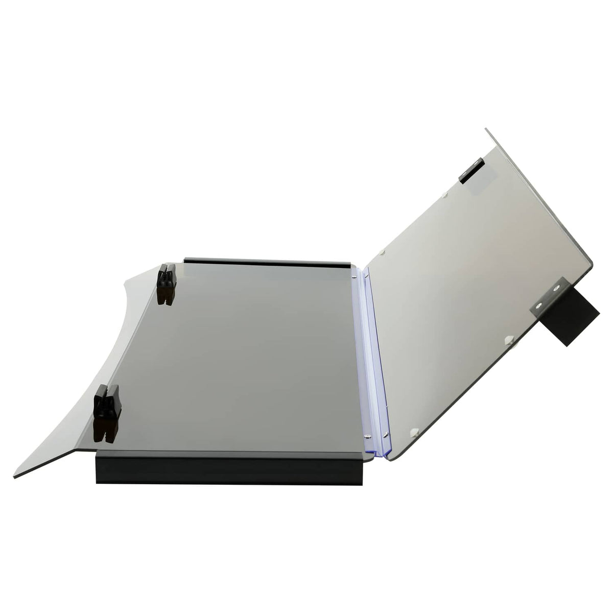 Fold-down windshield open position with white panel and black base supports, EZGO TXT