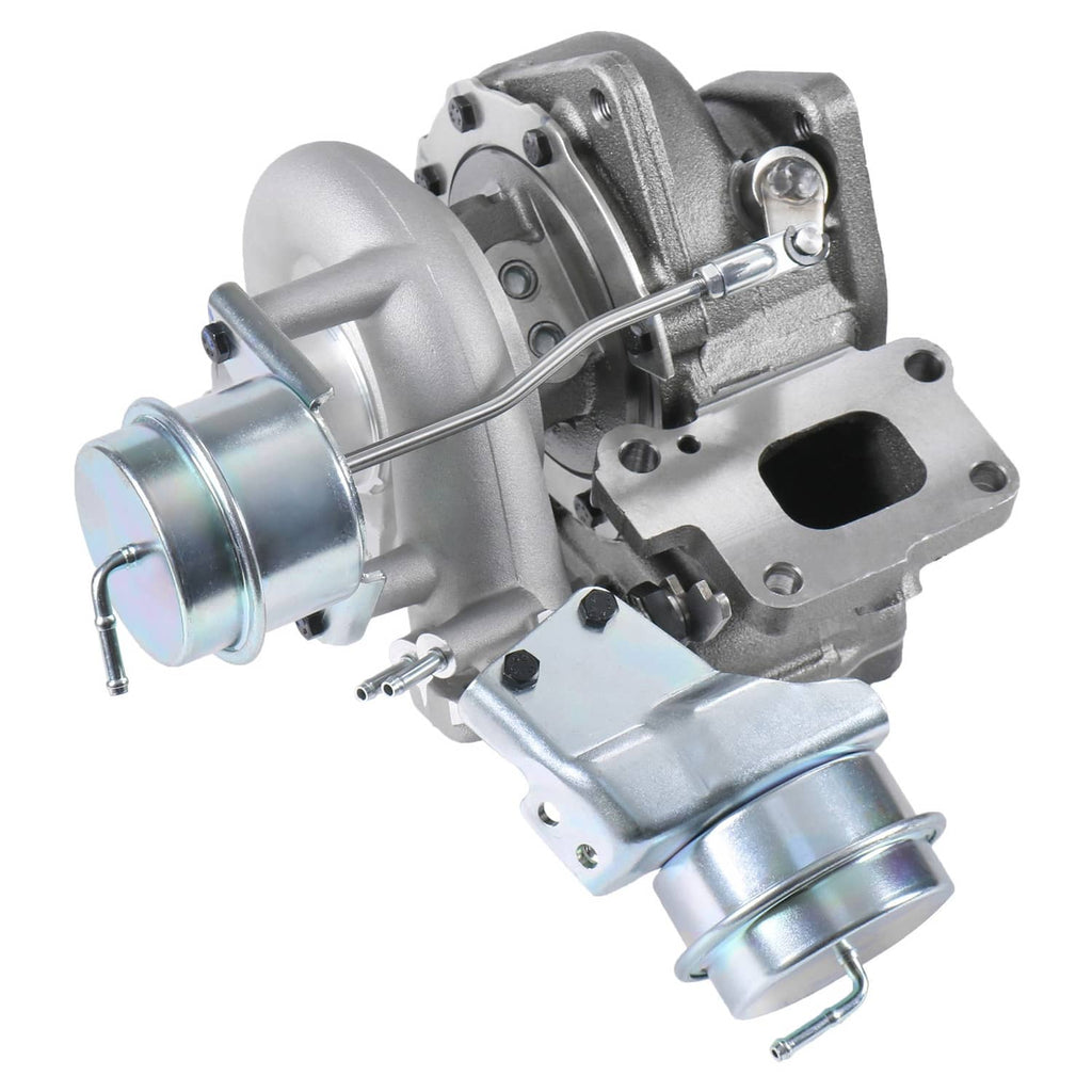 Turbocharger assembly with inlet pipe and actuator linkage, silver metal components