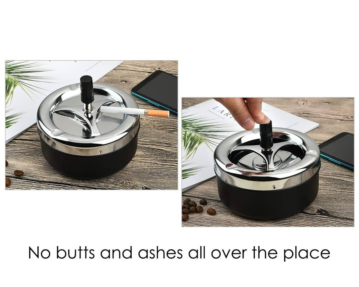Black ashtray with spinning tray and upright holder, showing minimal mess around