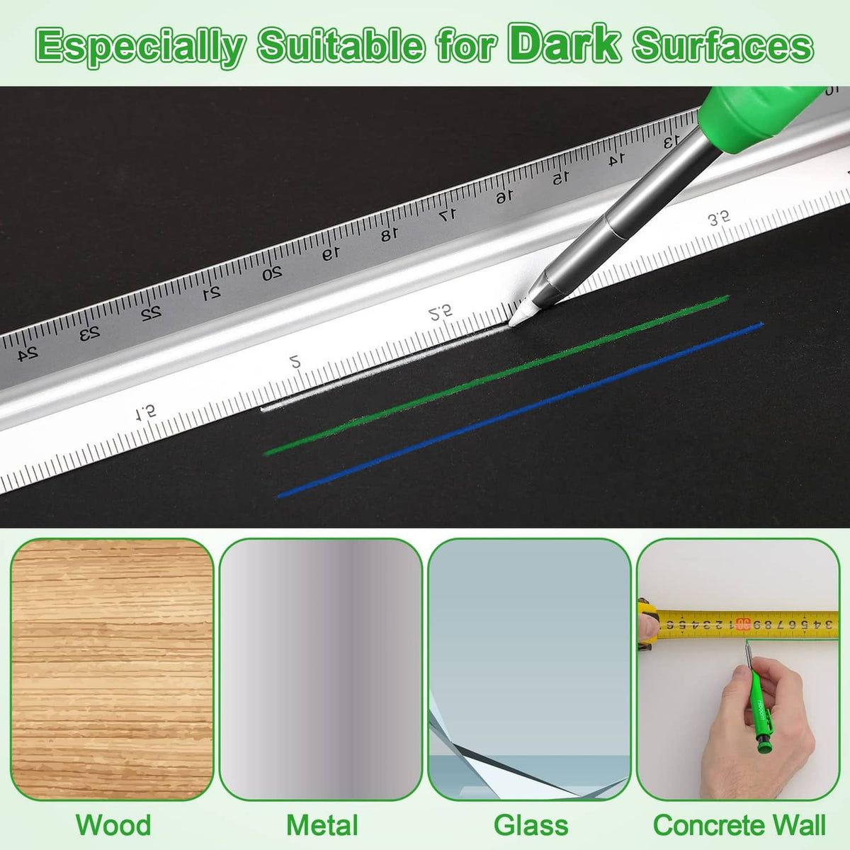 Pencil refill tip drawing green and blue lines across a dark metal ruler scale