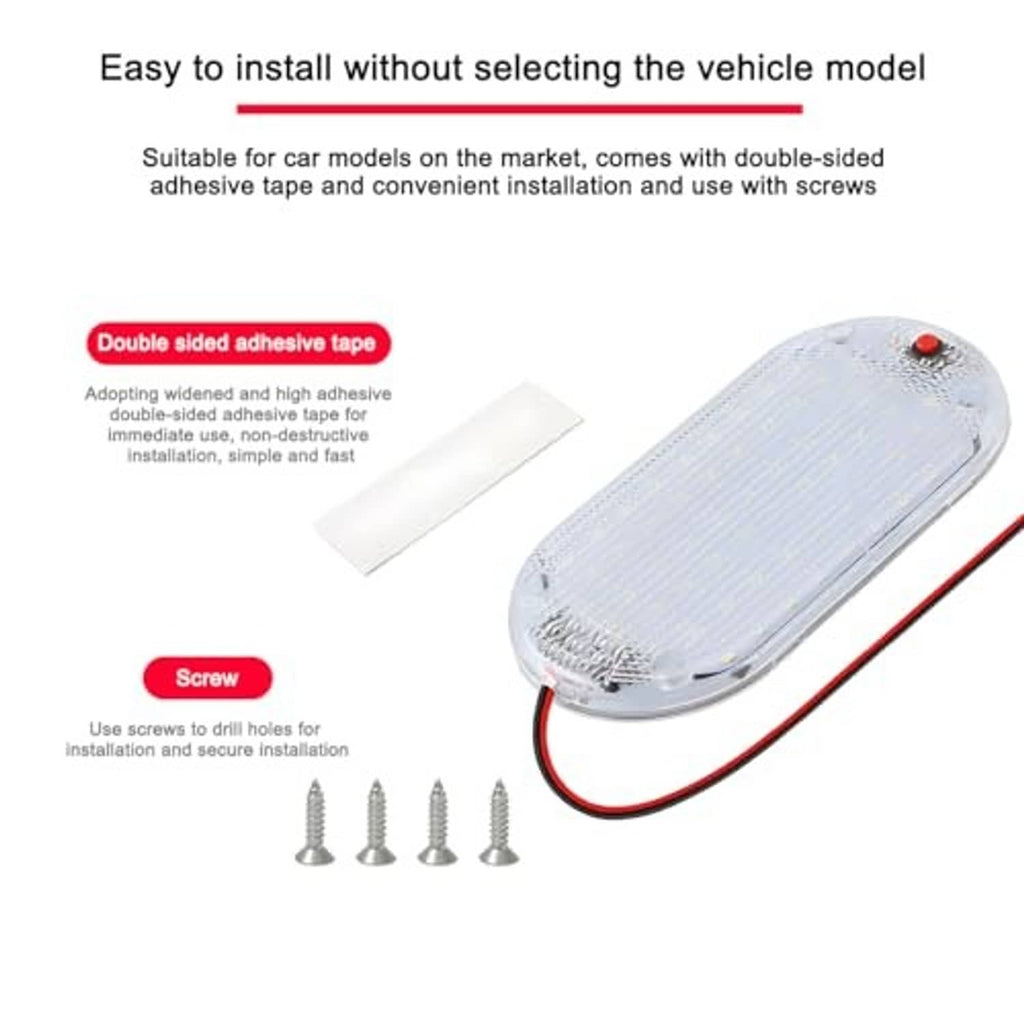 Oval LED dome light with clear lens, red-black wires, adhesive strip, and mounting screws