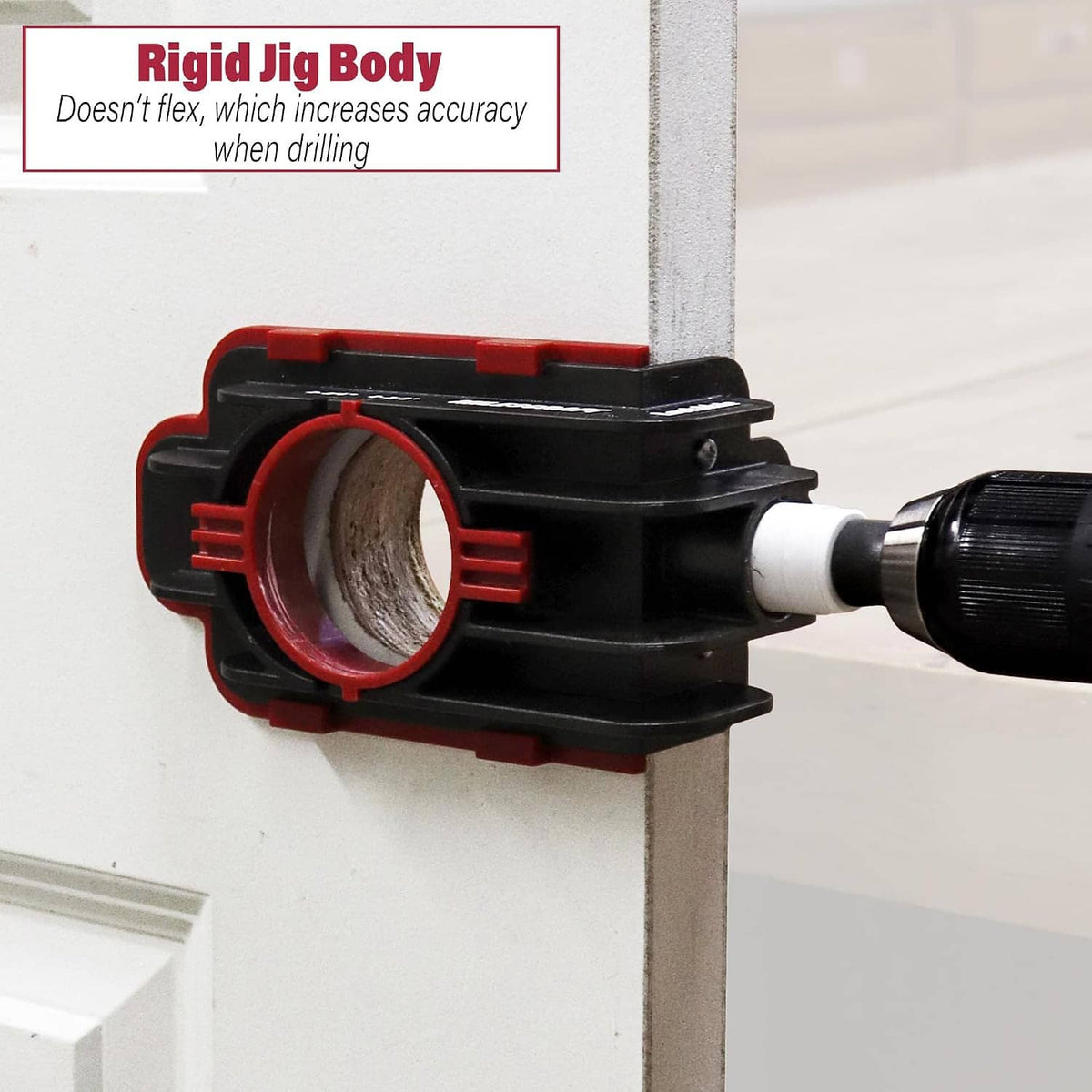 Door lock installation jig showing rigid body around the central drill opening