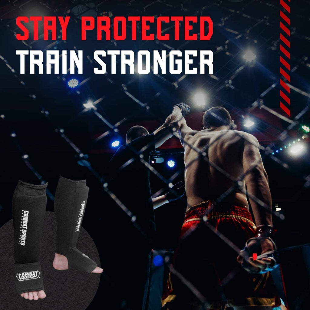 Black padded full-length shin and instep guards with ankle padding