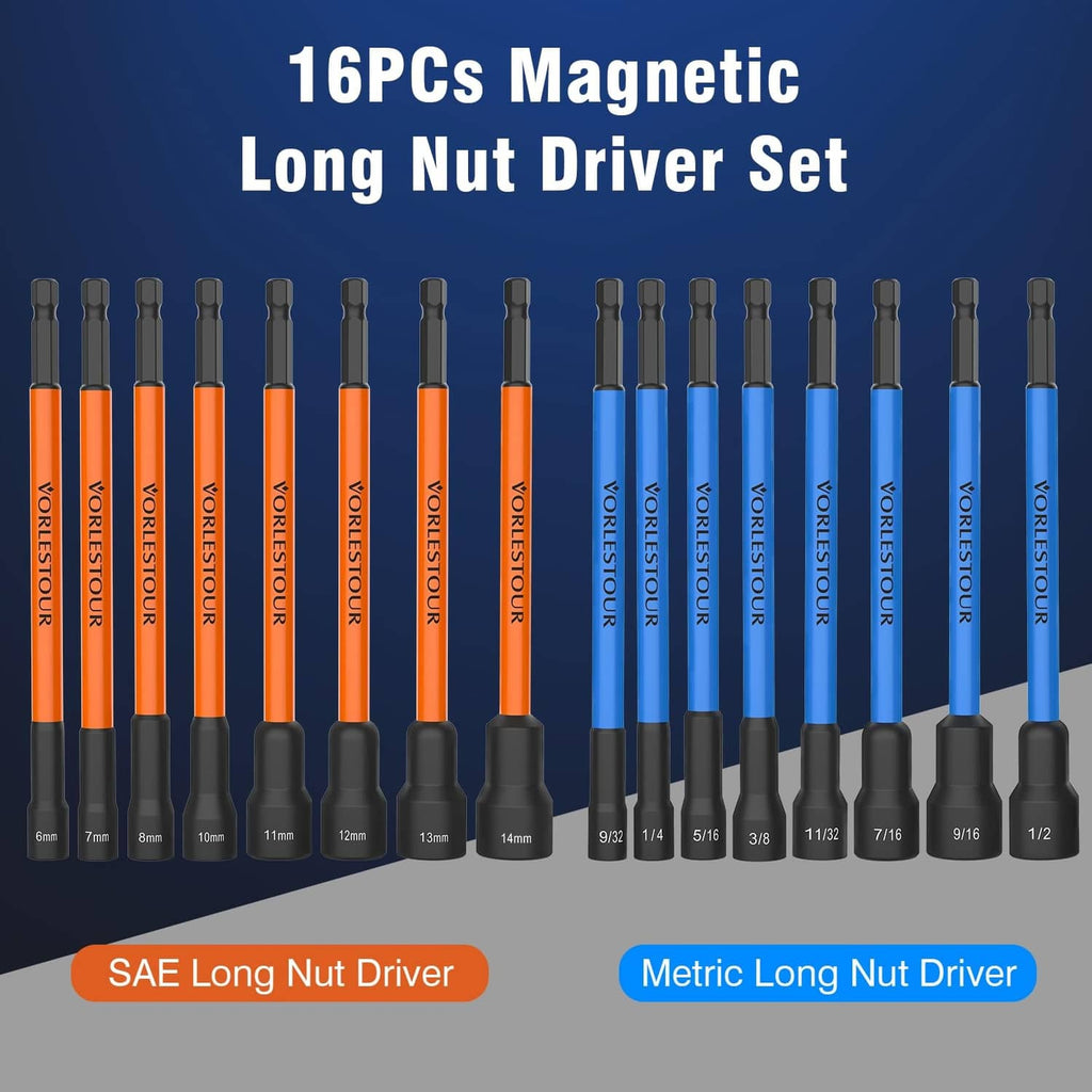 16-piece long magnetic nut driver set with orange and blue shafts