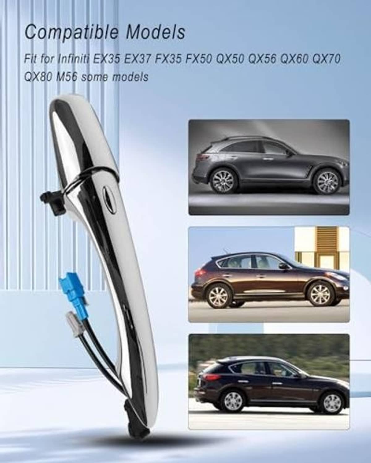 Chrome right exterior door handle with mounting bracket and cable