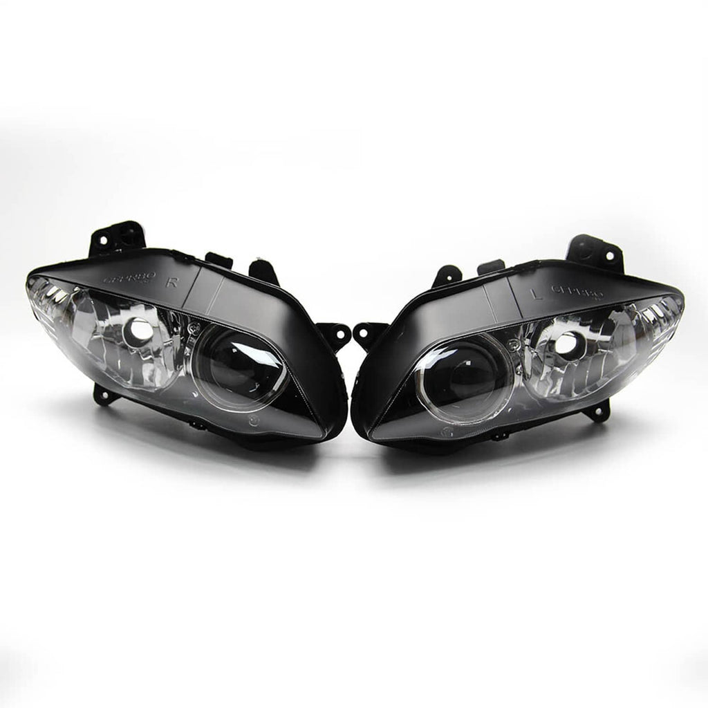Front headlight assembly with upper stay bracket, pair of black housings and clear lenses